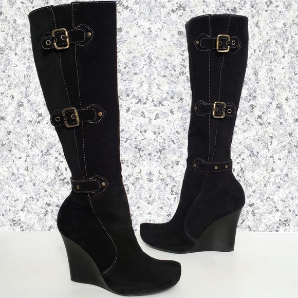 Via Spiga Shoes - Via Spiga Tall Wedge Knee Boots 6 Black Suede Moto